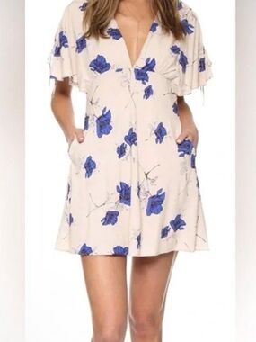 Cream Floral Mini Dress with Blue Blossoms